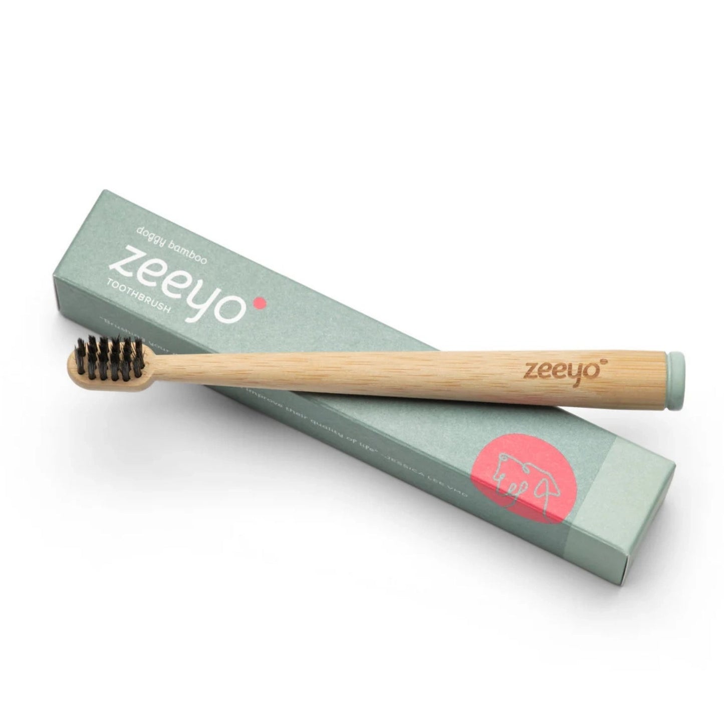 Zeeyo doggy bamboo toothbrush laid on a green box