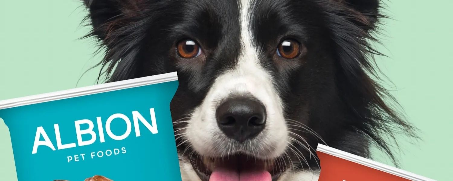 Albion Pet Foods raw dog food packaging with border collie — available at Tilly's Treat Cupboard