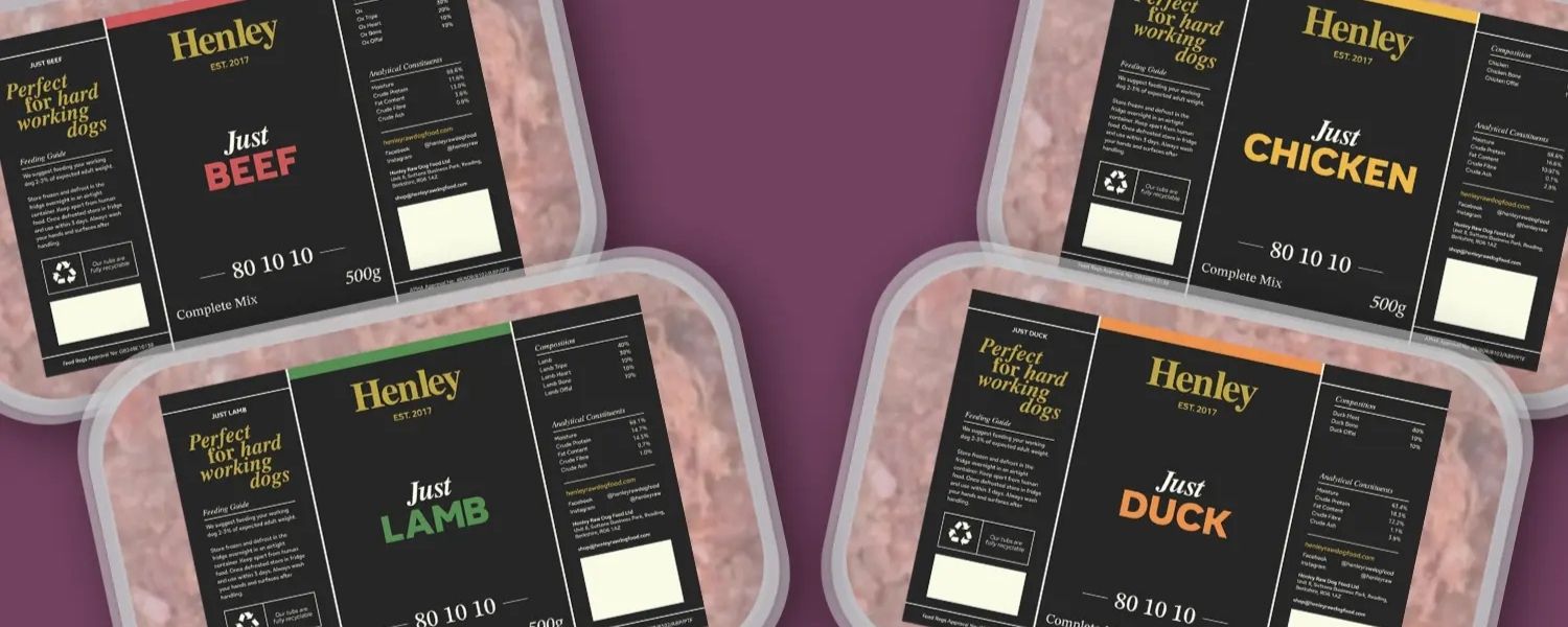 Henley Raw 80/10/10 complete raw dog food range — Just Beef, Just Chicken, Just Lamb and Just Duck 500g trays