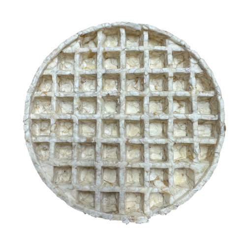 Round waffle-like dessert with a grid pattern on a white background