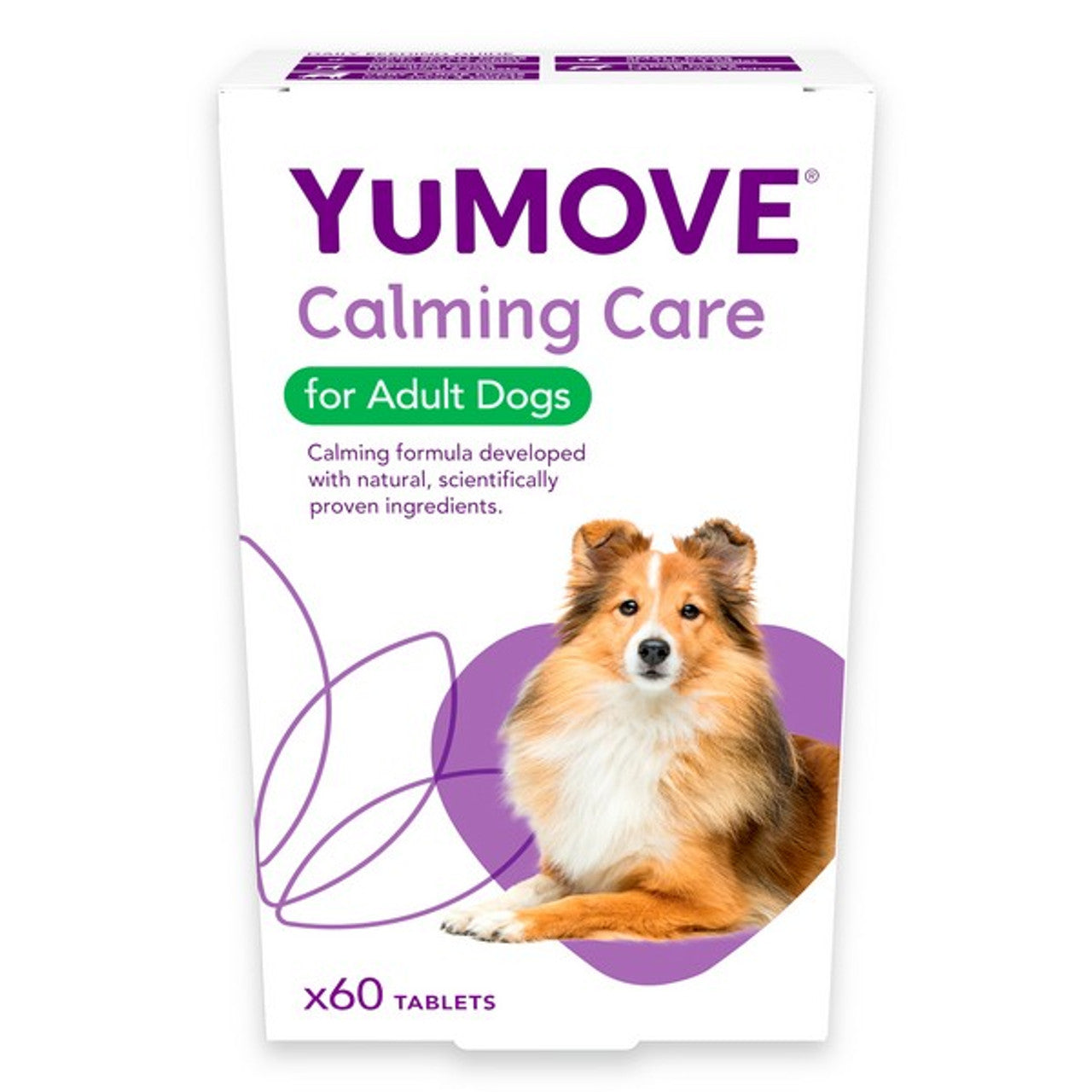 YuMOVE Calming Care for Adult Dogs packaging with a dog illustration on a white background