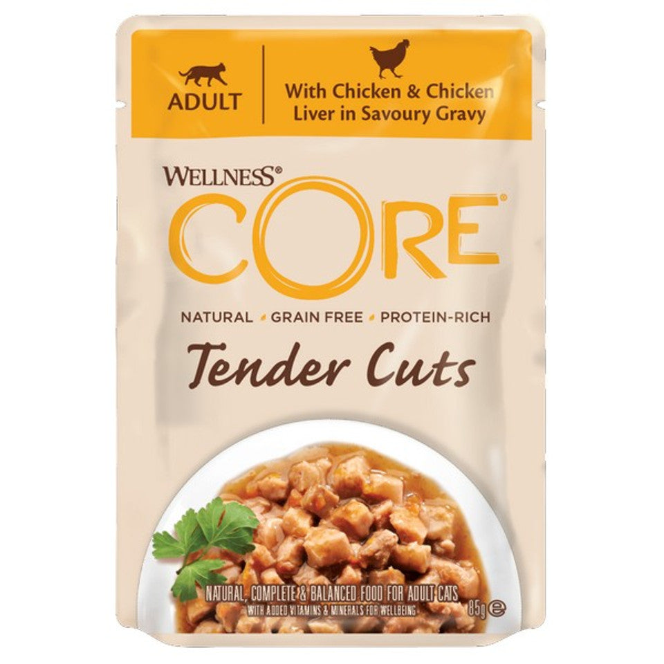 Wellness CORE Cat Wet Adult Tender Cuts Chicken and Chicken Liver in Savoury Gravy Recipe 85g