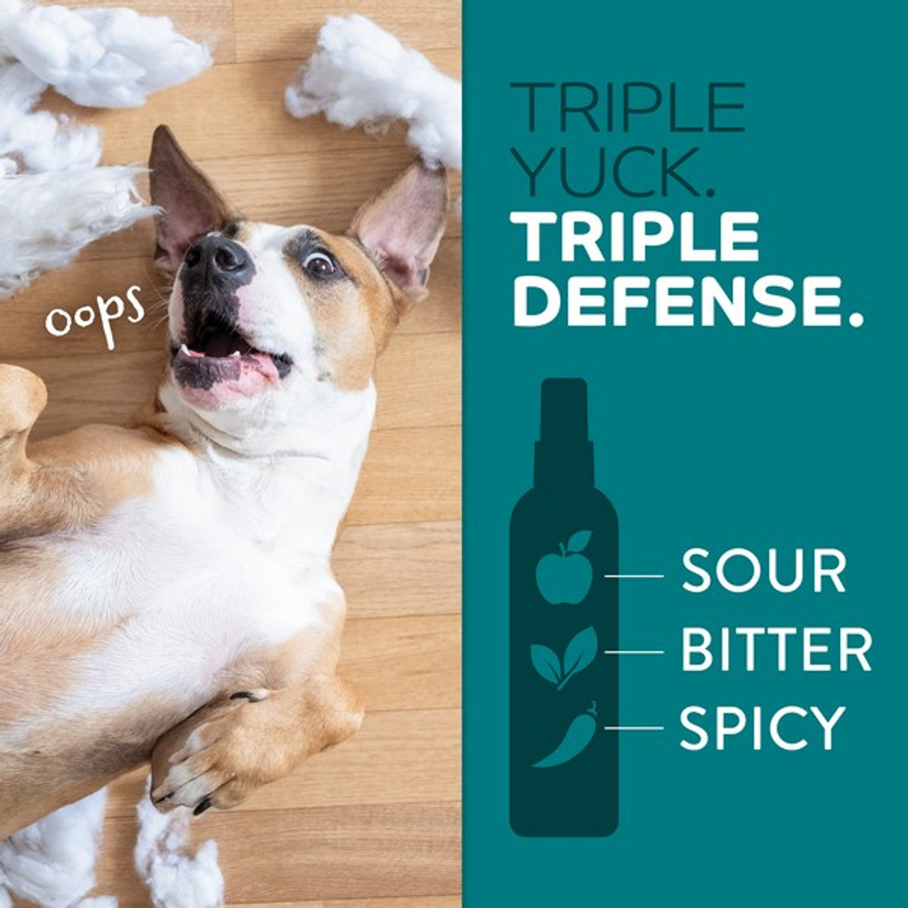 Dog with a surprised expression next to a bottle labeled 'Triple Yuck. Triple Defense.' with ingredients sour, bitter, spicy.
