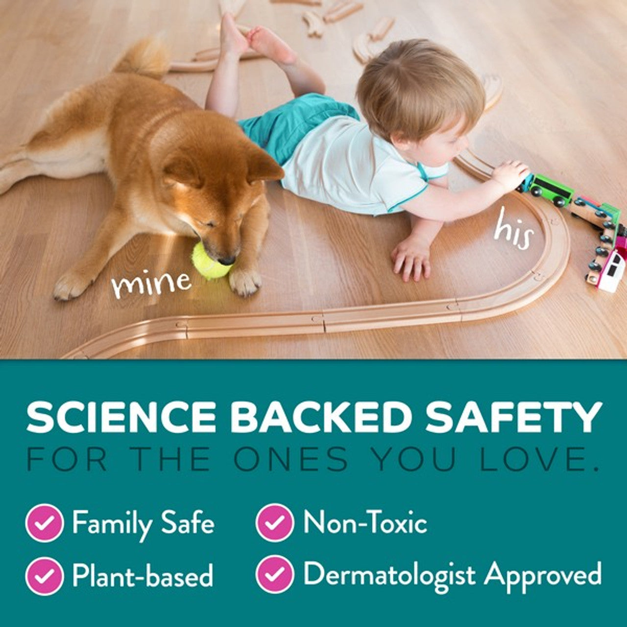 Child playing with a dog on a wooden floor, with text about product safety features.