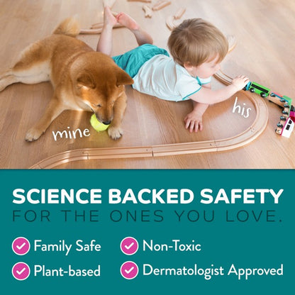 Child playing with a dog on a wooden floor, with text about product safety features.