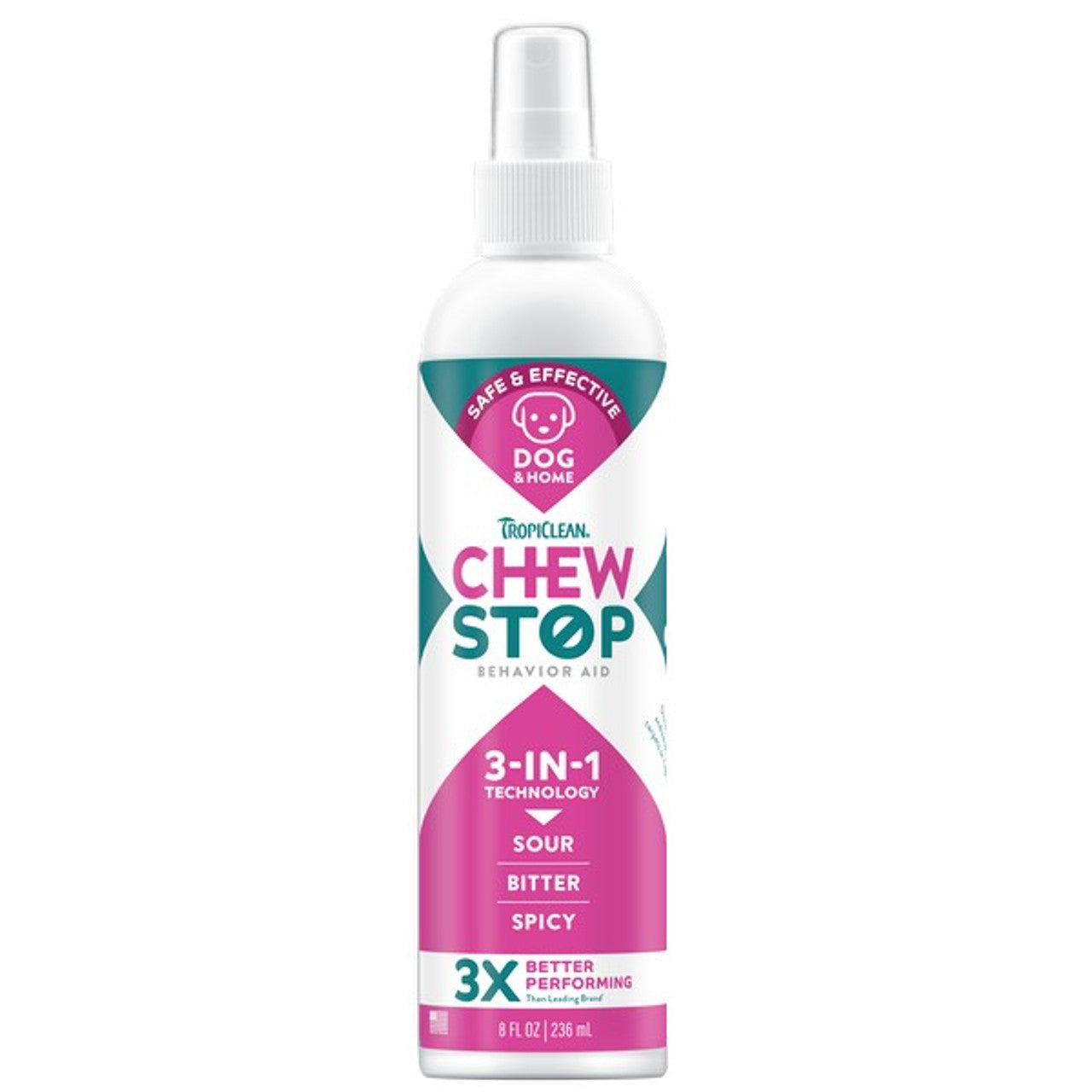 Tropiclean Chew Stop spray bottle on a white background