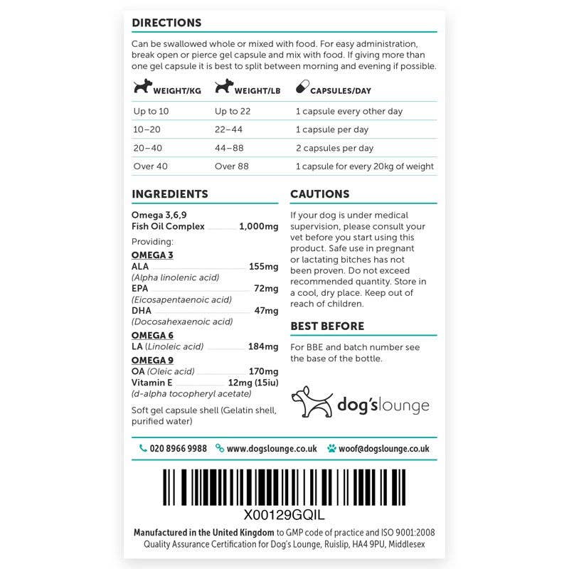 Dog’s Lounge Omega – Omega 3, 6, 9 Fish Oil Complex for Dogs and Puppies