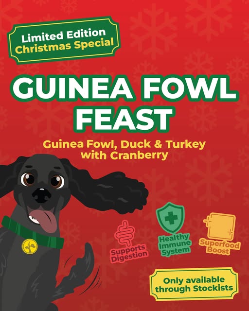 Dog food package with a black dog illustration on a red background, featuring text about limited edition Christmas special Guinea Fowl Feast.