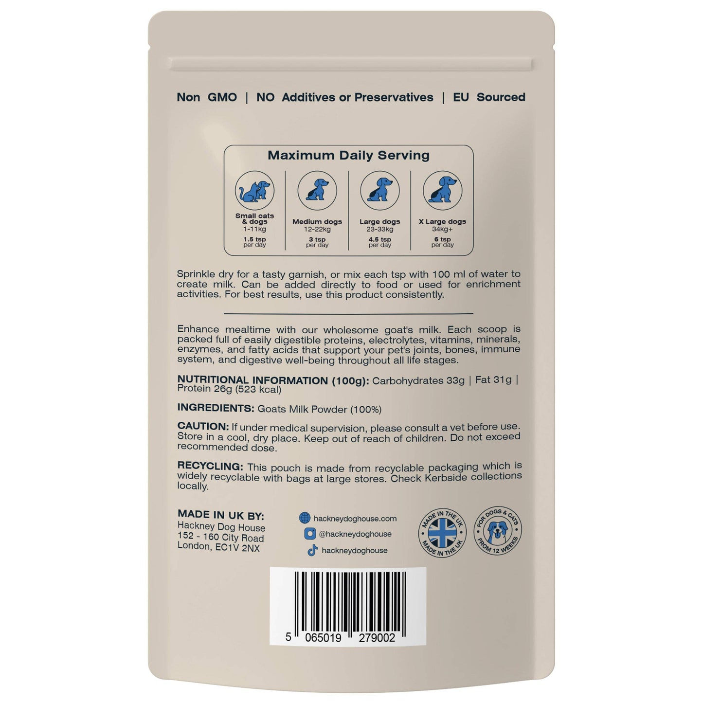 Hackney Dog House Goats Milk Powder for Dogs - Makes Six Pints