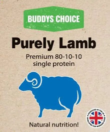 Buddy's Choice Purely Lamb product packaging with a blue ram illustration on a brown background.