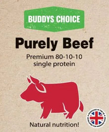 Buddy's Choice Purely Beef packaging with a red cow illustration on a brown background.