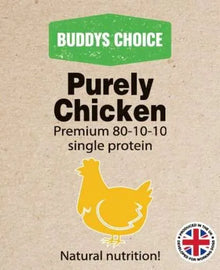Buddy's Choice Purely Chicken product packaging with a chicken illustration and British flag label.