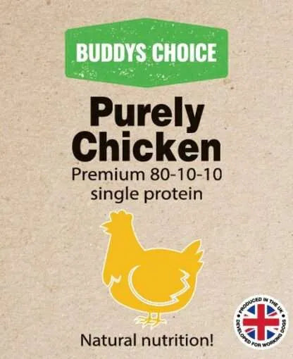 Buddy's Choice Purely Chicken product packaging with a chicken illustration and British flag label.