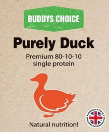 Buddy's Choice Purely Duck food packaging with a duck illustration and British flag logo on a brown background.