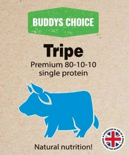 Buddy's Choice Tripe premium dog food packaging with a blue cow illustration on a brown background.