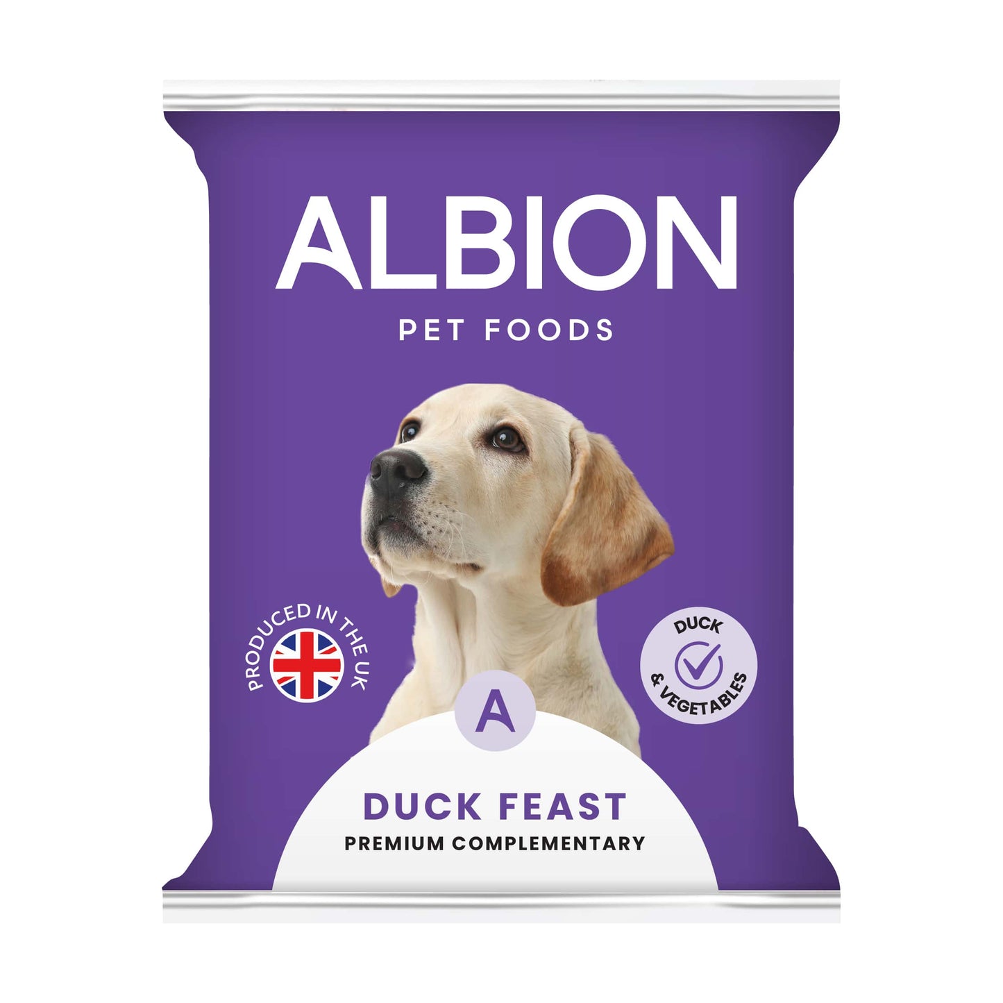 Albion Pet Foods Duck Feast dog food package on a white background