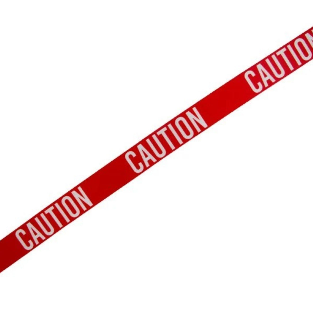 Red dog lead with white 'CAUTION' text printed repeatedly, shown diagonally across a plain white background.