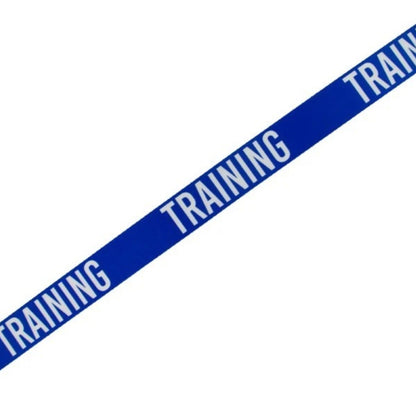 Blue dog lead with the word 'TRAINING' printed repeatedly on a plain white background.