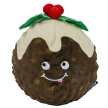 A Christmas pudding character ball with a brown body, cream-colored icing, green leaves, and red berries on top, featuring a stitched smiling face.