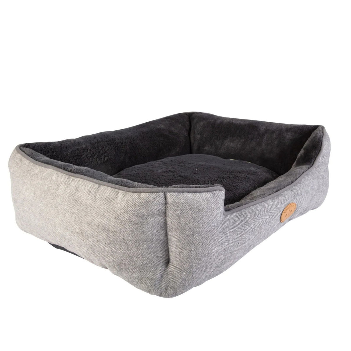 Gray pet bed with a soft cushion on a white background