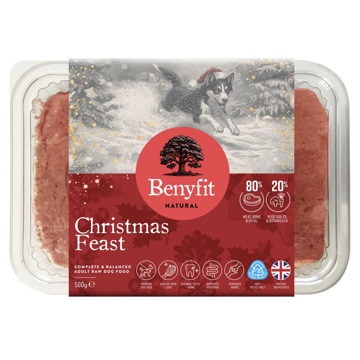 Benyfit Natural Christmas Feast raw dog food in a 500g clear plastic tray with a red and white label featuring a husky illustration.