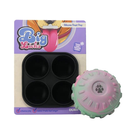 Silicone treat toy with packaging labeled 'Big Licks' on a white background