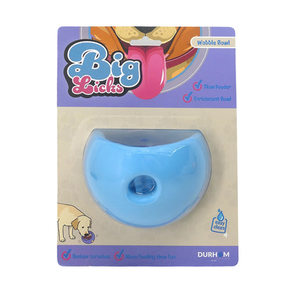 Blue wobble bowl for dogs on Big Licks packaging