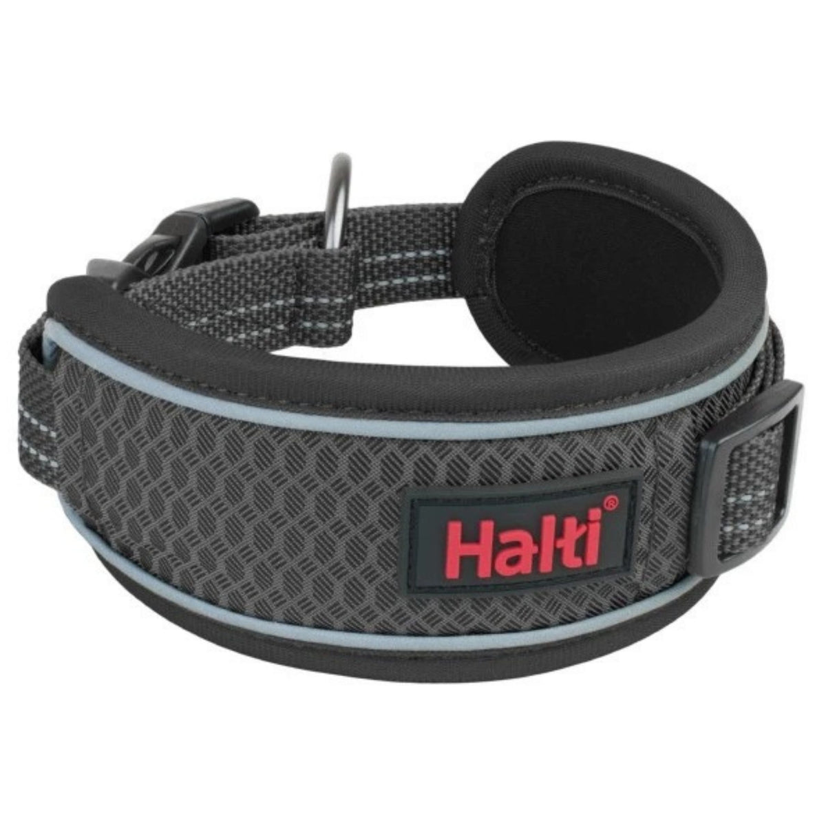 A Halti dog collar with a textured gray and black pattern, black padded collar band, and a red Halti logo patch on the front.