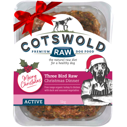 Cotswold Premium Three Bird Raw Dog Food package with a festive design