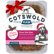 Cotswold Premium Three Bird Raw Dog Food package with a festive design