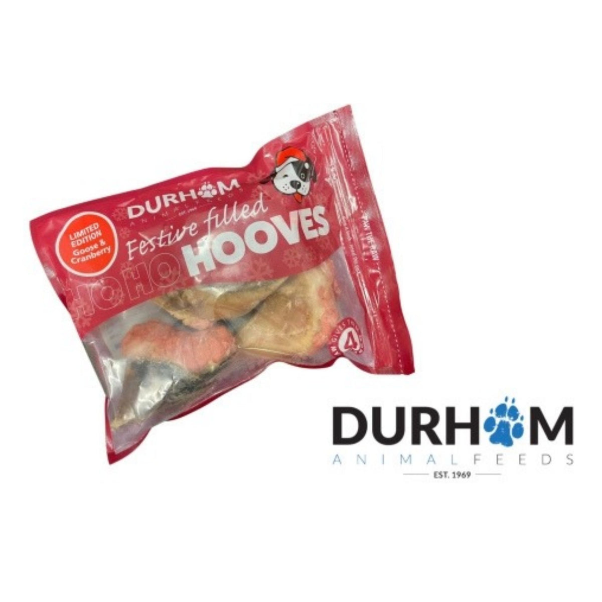 Durham Animal Feeds Festive Filled Hooves dog treat pouch on a white background, with the brand logo also shown below.