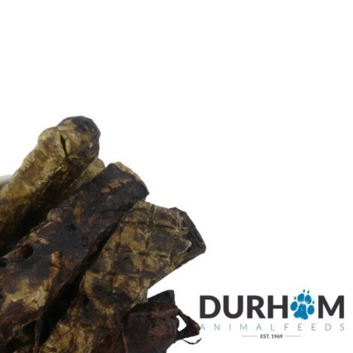 Horse lung jerky shown on a plain white background, with the Durham Animal Feeds logo in the lower right corner.