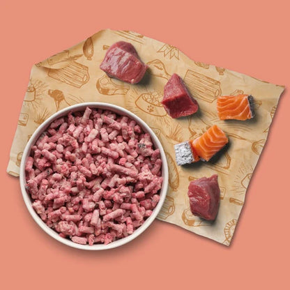  bowl of pet food with raw meat pieces on a patterned paper background