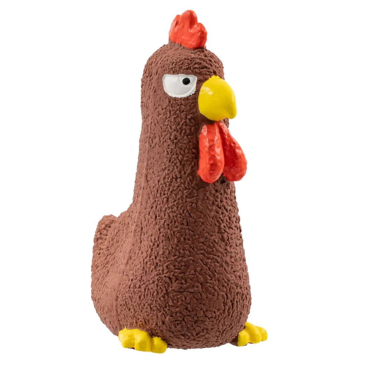A brown textured turkey latex dog toy with a red comb and wattle, yellow beak and feet, and a white eye, isolated on a white background.