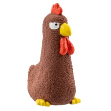 A brown textured turkey latex dog toy with a red comb and wattle, yellow beak and feet, and a white eye, isolated on a white background.