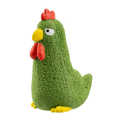 A green textured tukey latex dog toy with a red comb and wattle, yellow beak and feet, and a white eye, shown on a plain white background.