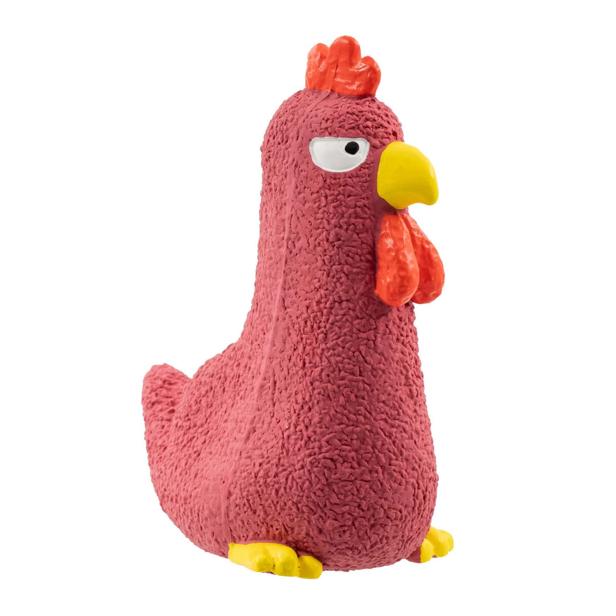 A pink latex turkey dog toy with a yellow beak, orange comb, and yellow feet, shown against a plain white background.