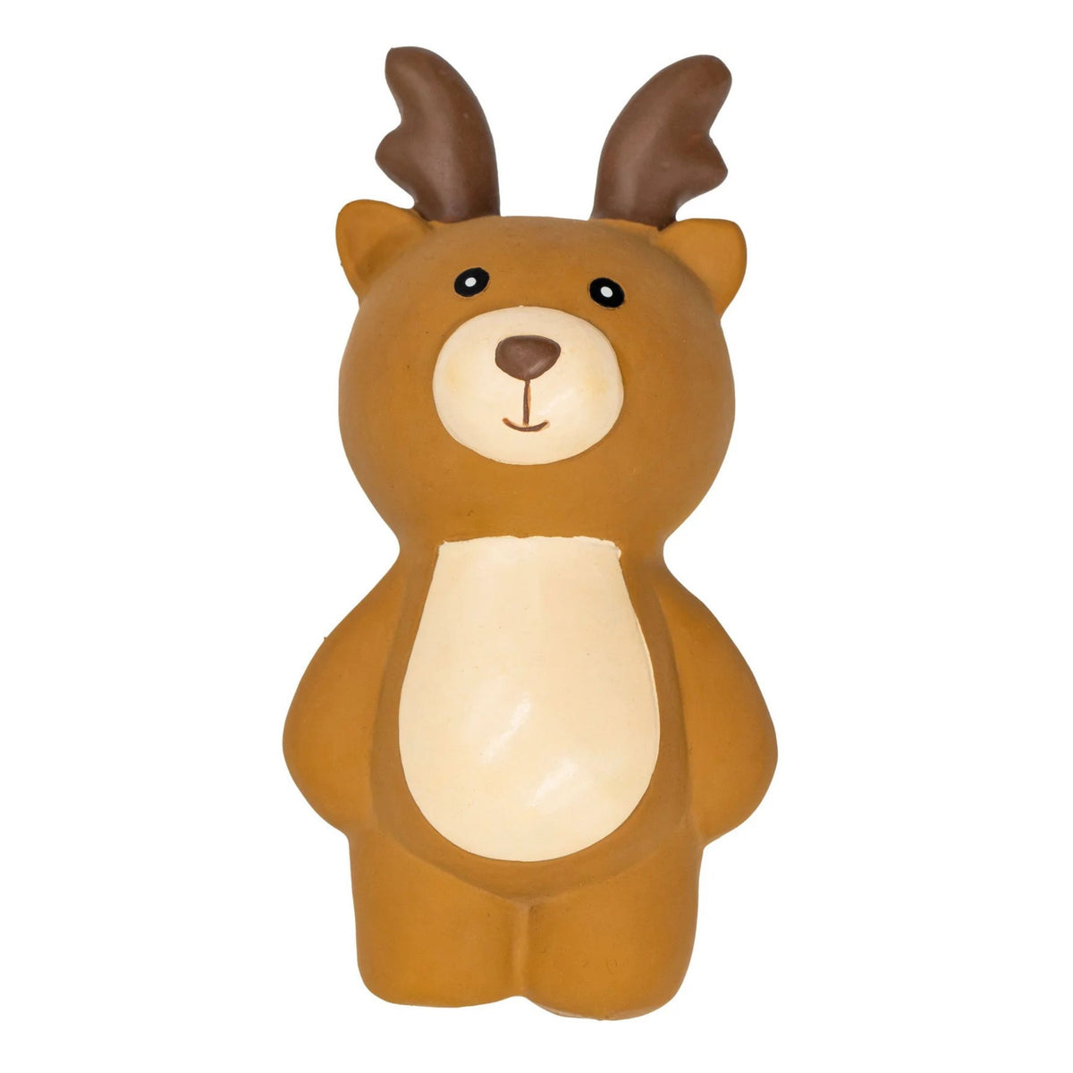A latex reindeer dog toy with antlers, a cream-colored snout and belly, and small black eyes, shown against a plain white background.