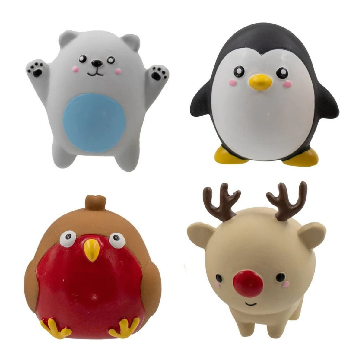 Four cute cartoon animal squishy dog toys arranged in a 2x2 grid on a white background: a white polar bear with a blue belly, a penguin, a red bird, and a beige reindeer with brown antlers and a red nose.