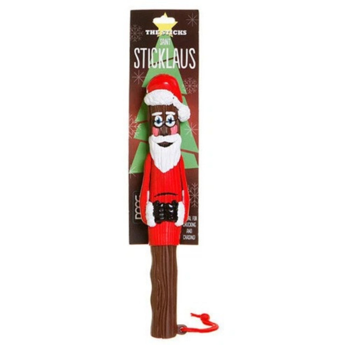 Sticklaus dog toy, featuring a Santa Claus figure on a brown tree trunk handle with a red hanging loop, shown on its retail backing card against a white background.