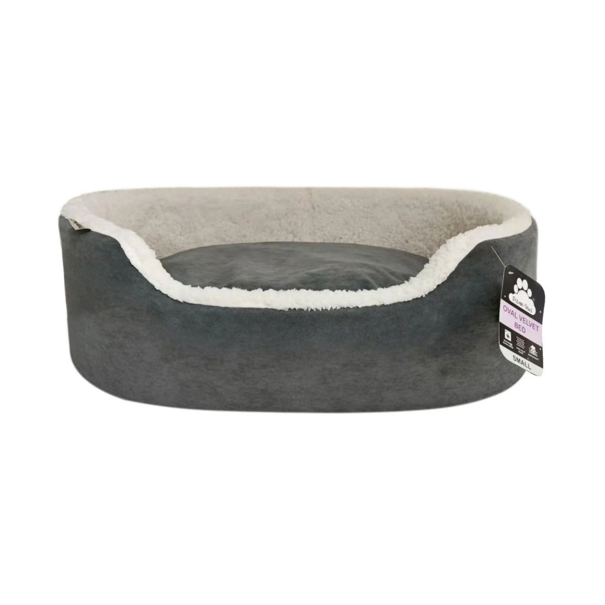 A dark gray pet bed with a light beige fleece lining and a white sherpa trim, featuring a hanging product tag on the right side.