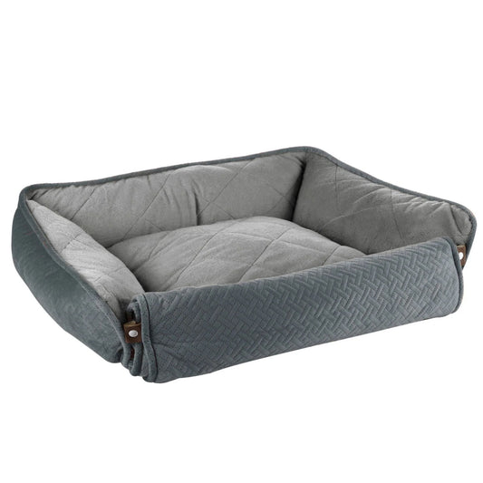 A square quilted pet bed with a gray diamond-stitched interior and a textured dark gray exterior, shown on a plain white background.