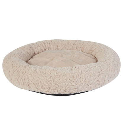 A round, plush pet bed with a thick, textured sherpa-like cream outer ring and a smooth, matching cream inner cushion, shown against a plain white background.