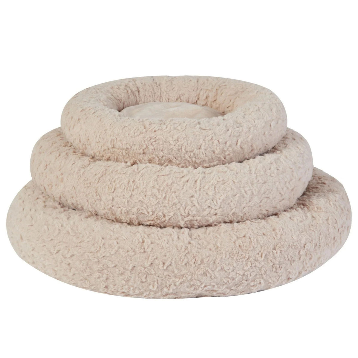 A three-tiered fluffy pet bed in a light beige sherpa fabric, photographed against a solid white background.