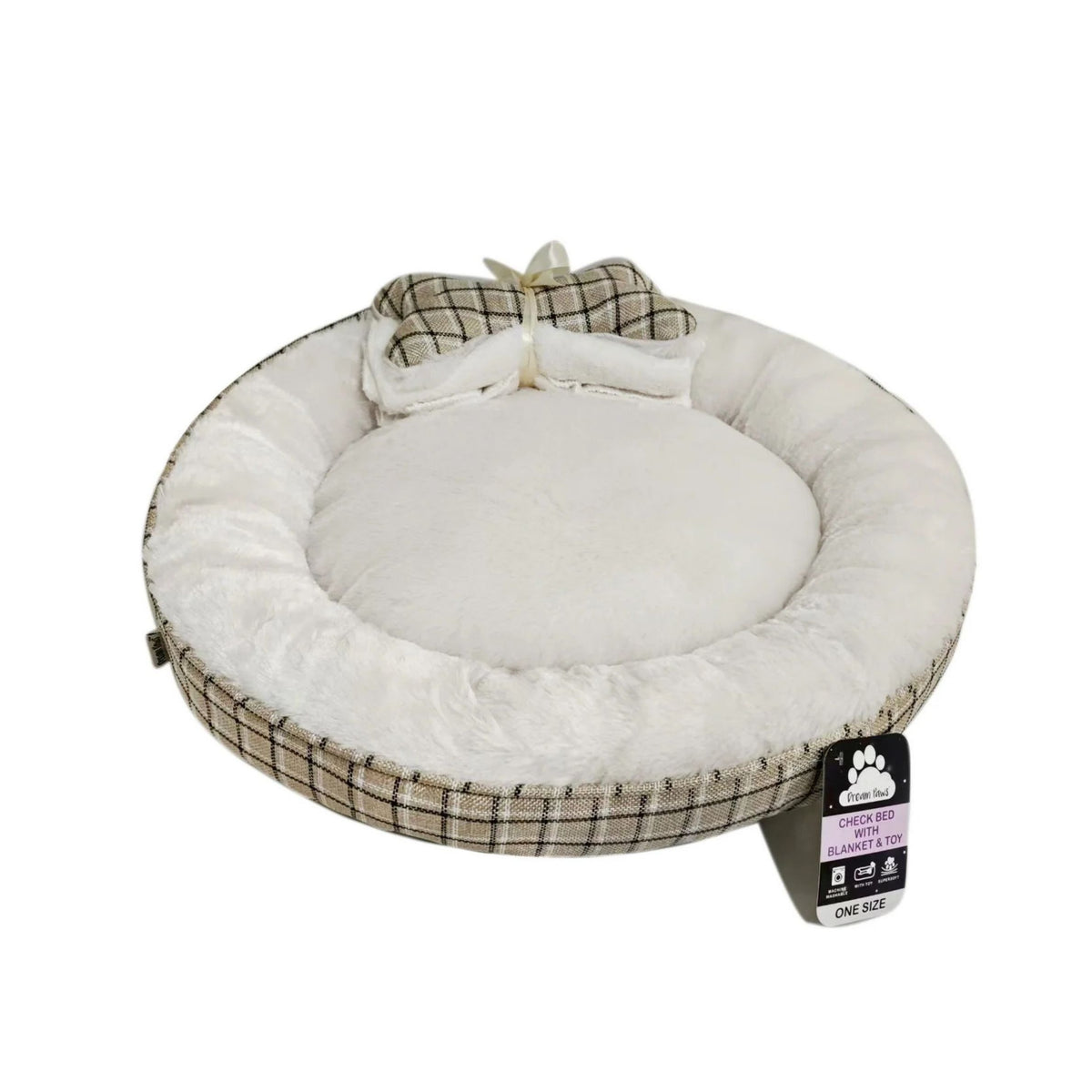 A round pet bed with a plush cream inner cushion and a beige plaid outer fabric, decorated with a matching blanket shaped like a plaid bow on top. A product tag is attached on the right side.