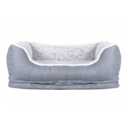 A low-profile rectangular pet bed with a dusty blue-gray fabric exterior and a plush, sherpa-like light gray interior, shown against a plain white background.