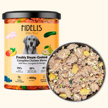 A jar of FIDELIS jarred pet food next to a bowl of the freshly cooked food, on a light cream background.