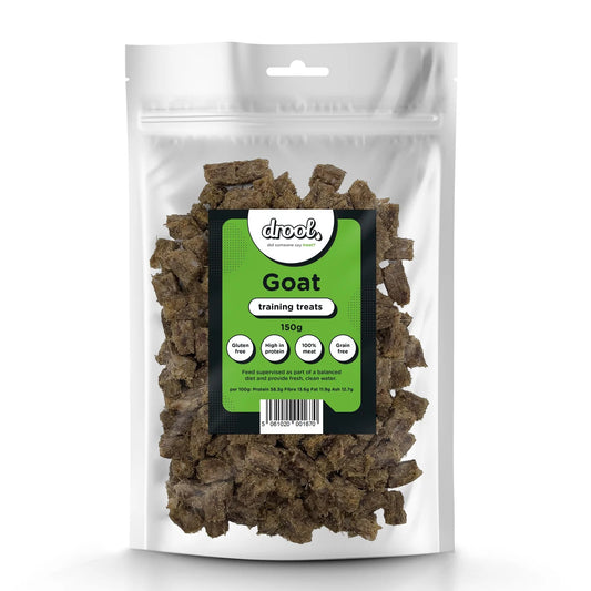 Packaged goat training treats with a green label on a white background