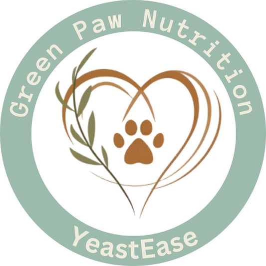 Logo of Green Paw Nutrition YeastEase with a heart and paw print design.