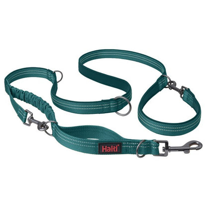 A green Halti branded double-ended dog leash with metal clips and padding.
